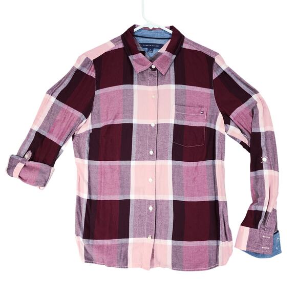 Tommy Hilfiger Button Up Shirt sz M Women Buffalo Plaid Red Purple Pink Roll Tab - Picture 1 of 12